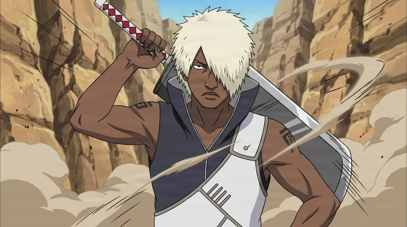 A dark skinned shinobi with pale spiky hair swings a large cleaver blade off his shoulder amid swirling dust in a rocky canyon.