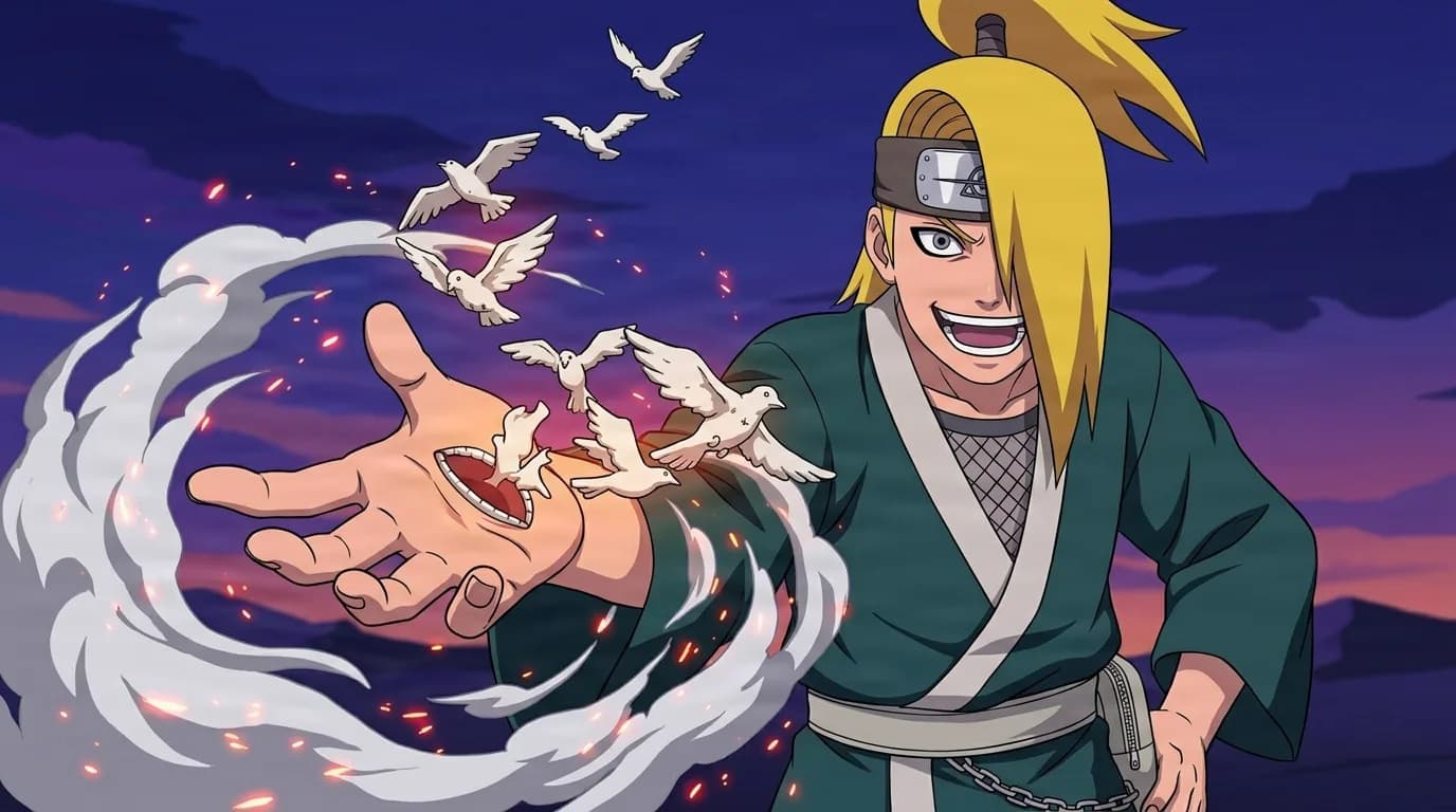 A grinning blond ninja with long hair over one eye wears a green tunic and holds out one open palm from which small white clay birds fly amid swirling smoke and orange sparks under a purple twilight sky.
