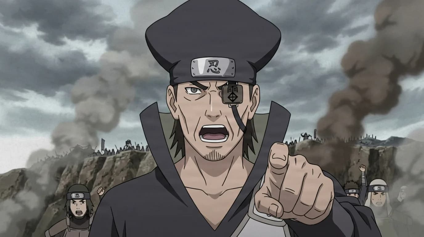 Cloud Village commander in a peaked cap points forward and shouts across a smoky battlefield with troops behind him.