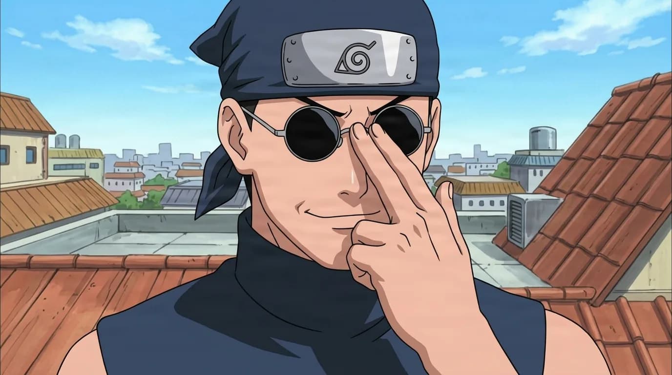 A jonin in a dark bandana headband and round black sunglasses pushes up his glasses with a smirk on a village rooftop under a blue sky.