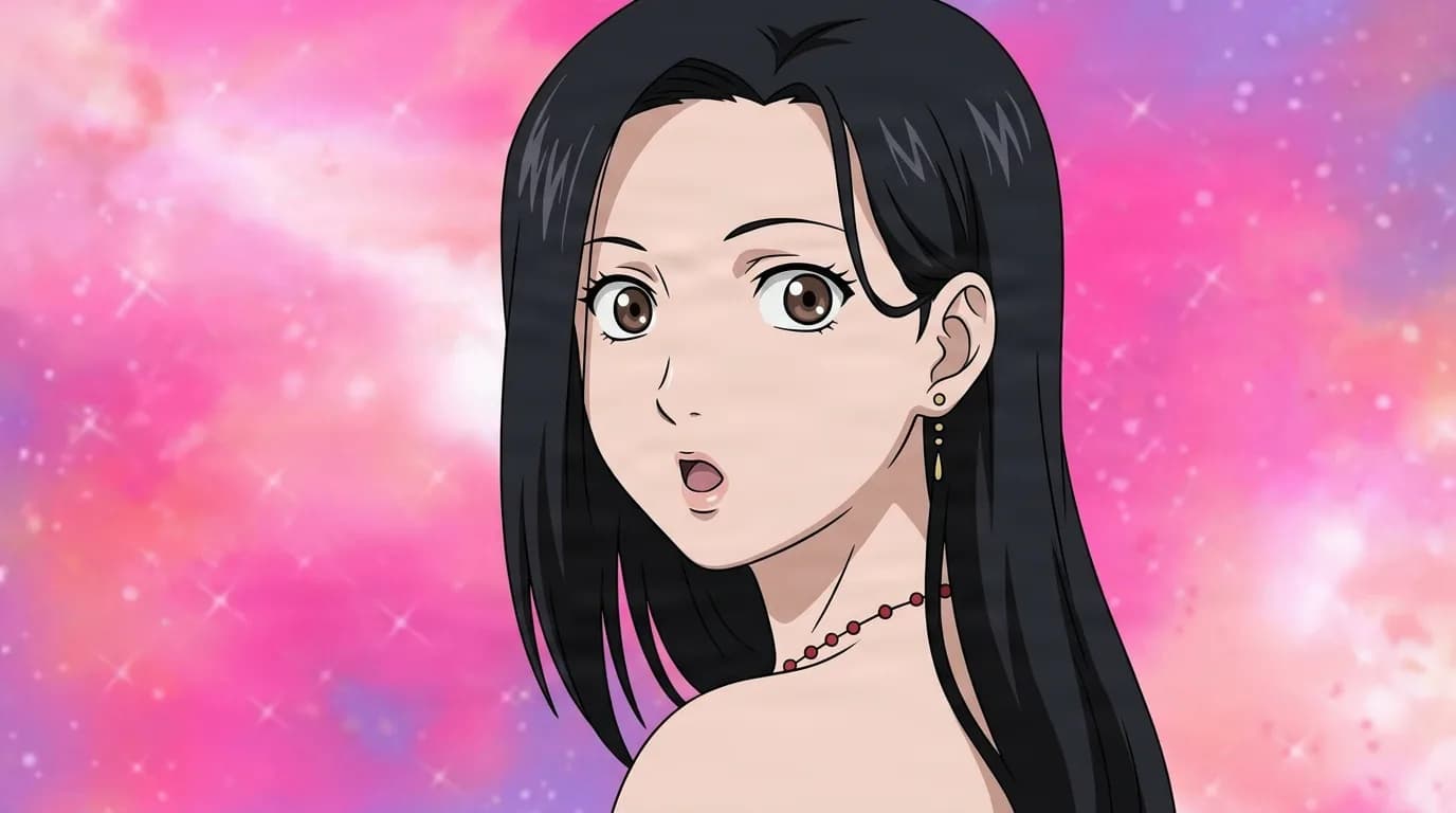 『ナルト』のエミ、細部まで描き込まれた背景の中でクローズアップに捉えたセル画調のアニメシーン