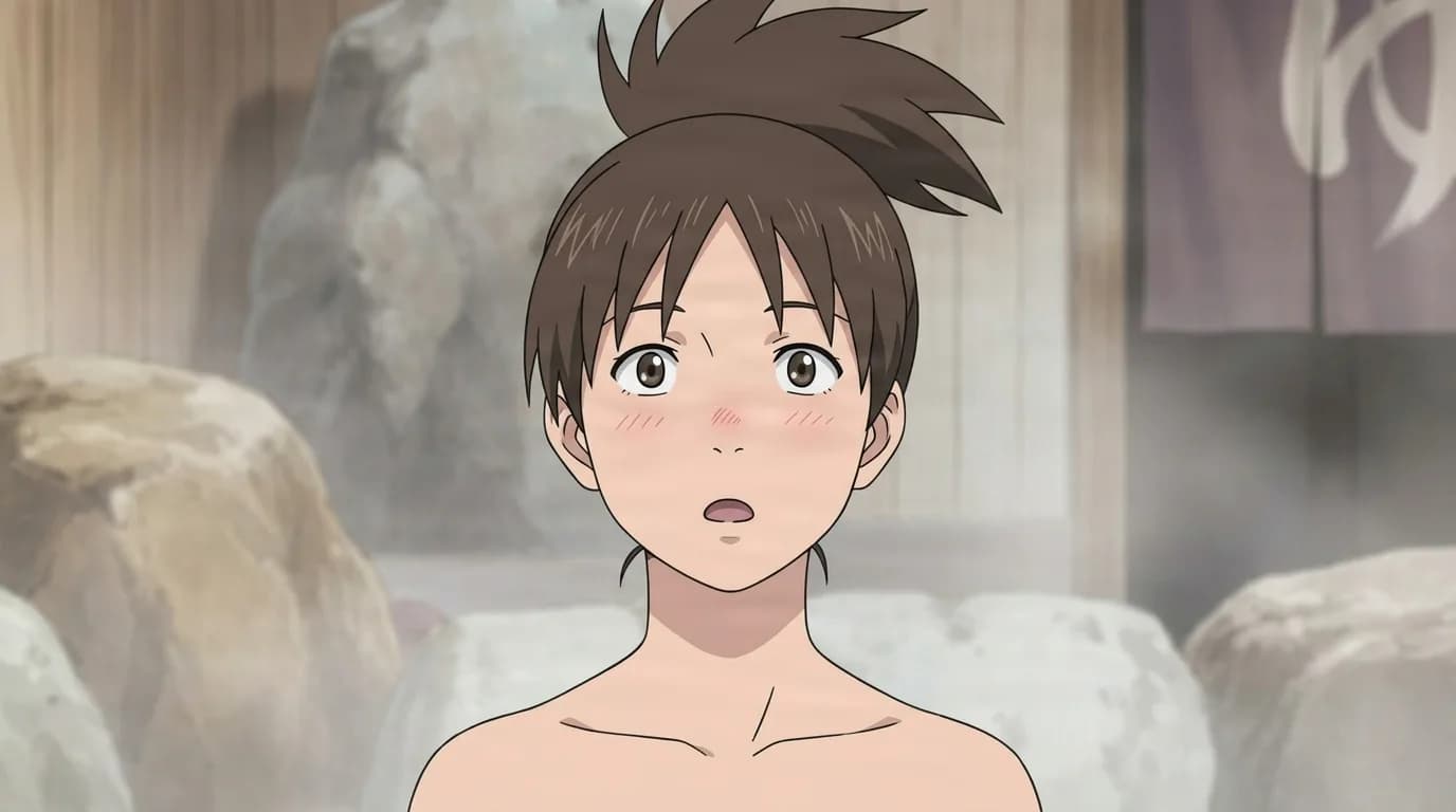 Emiru from Naruto in a close-framed cel-shaded anime scene with a detailed environment