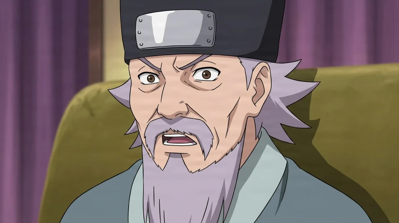 Frost Daimyō from Naruto in a close-framed cel-shaded anime scene with a detailed environment
