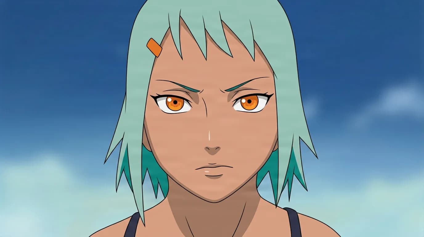 『NARUTO』のキャラクター、フウ。細部まで描き込まれた背景を伴う、クローズアップのセル画調アニメシーンとして描かれている。