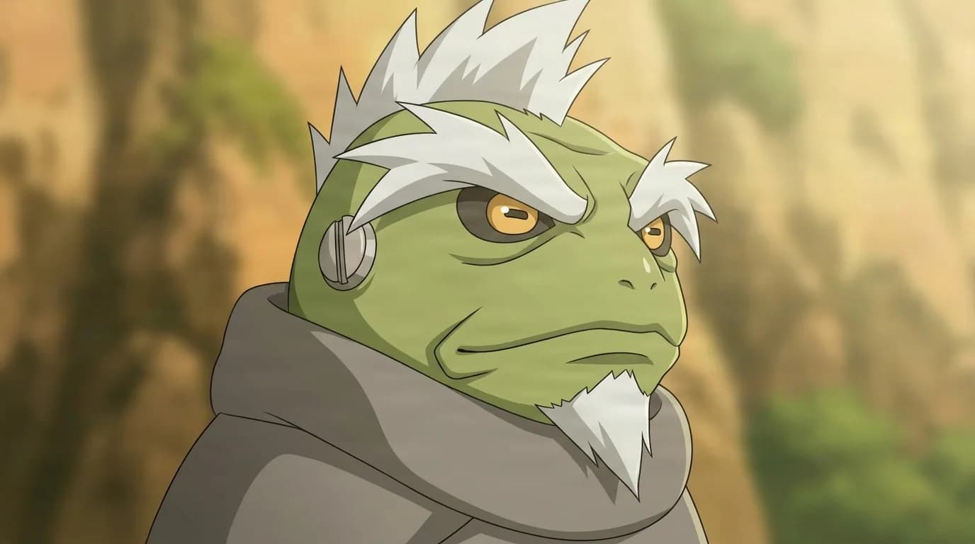 Fukasaku from Naruto in a close-framed cel-shaded anime scene with a detailed environment