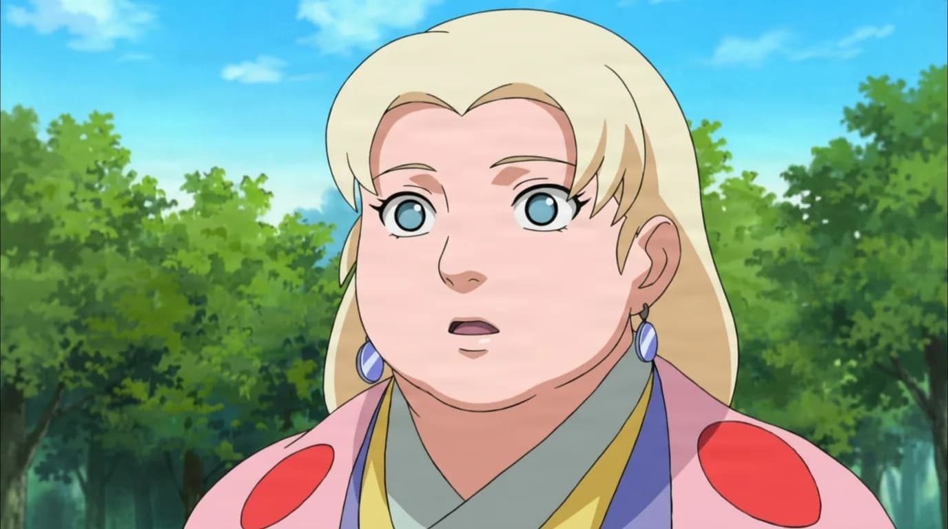 Fuku from Naruto in a close-framed cel-shaded anime scene with a detailed environment