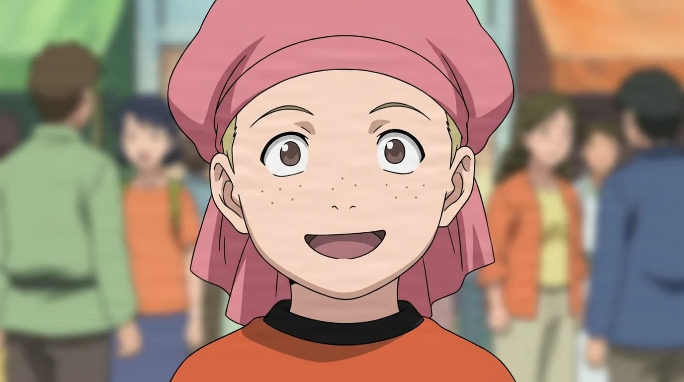 Futaba from Naruto in a close-framed cel-shaded anime scene with a detailed environment