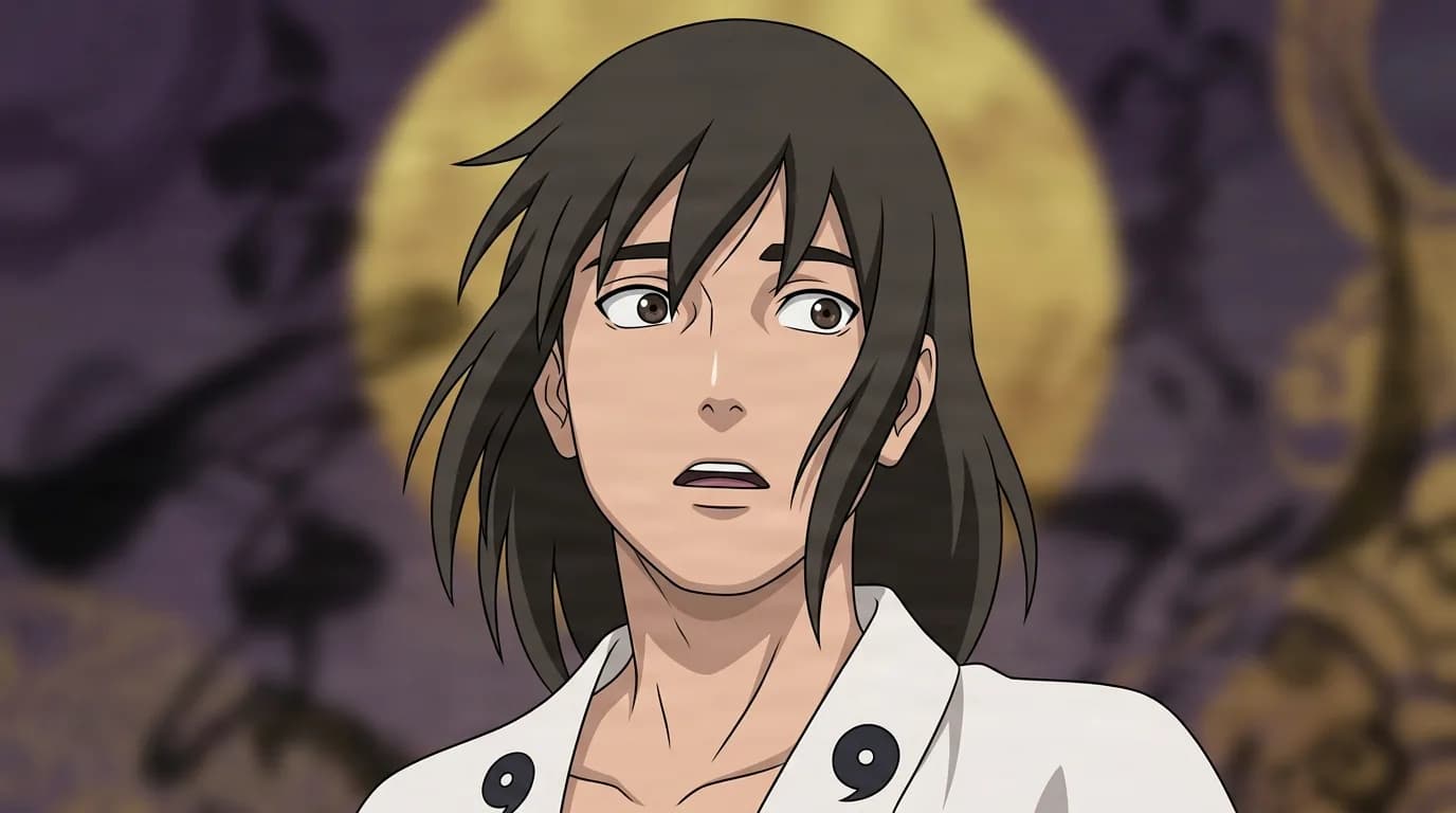 Futami from Naruto in a close-framed cel-shaded anime scene with a detailed environment