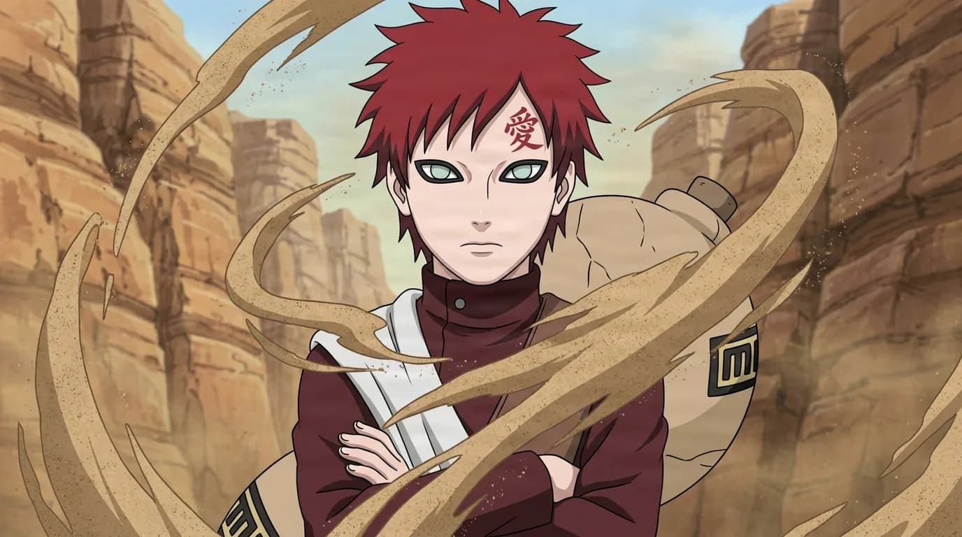A red spiky haired ninja with a red love kanji tattoo on his forehead and pale teal eyes stands with arms crossed as ribbons of sand swirl around him in a rocky desert canyon.