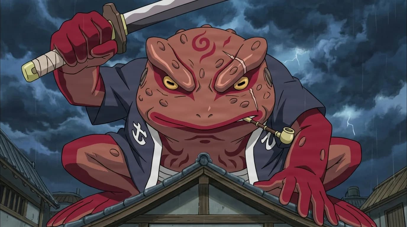 A giant red-brown battle toad in a blue coat crouches on a rooftop brandishing a katana with a pipe in its mouth beneath a stormy lightning sky.