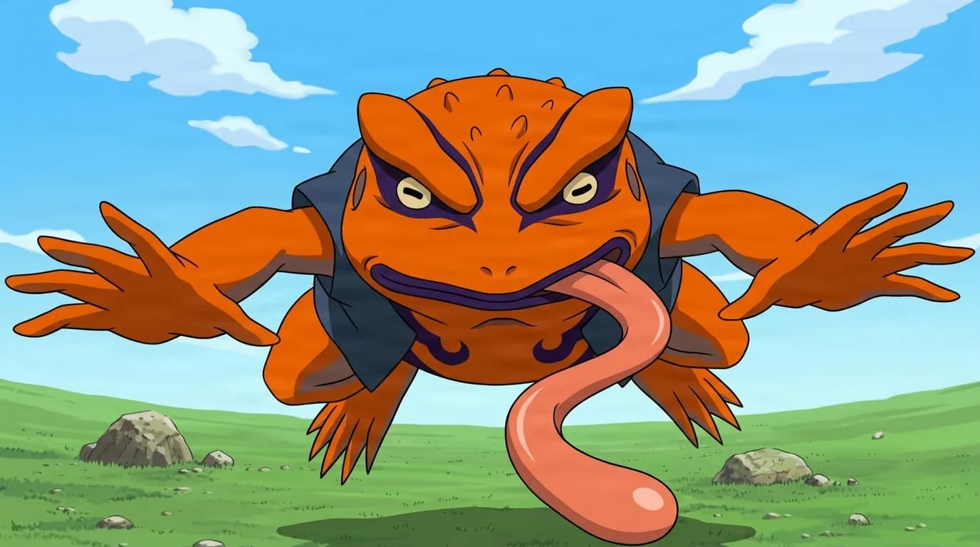 An orange battle toad with purple facial markings leaps forward with its front legs spread wide and long tongue unfurled above a green grassy field under a blue sky.