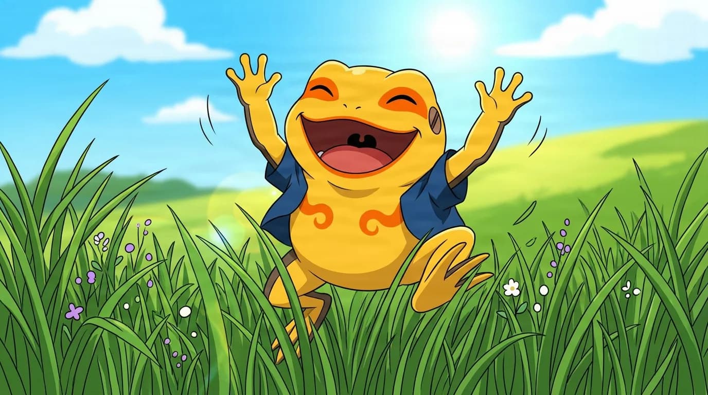 A cheerful round yellow toad in a blue vest raises its arms and grins with its mouth wide open in a sunny green meadow full of flowers