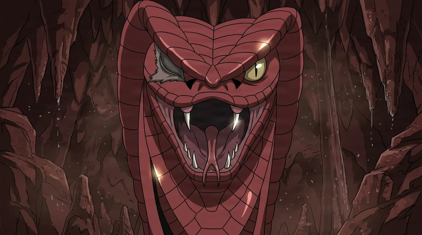 Giant red scaled serpent with a scarred left eye rears its head and bares its fangs with jaws wide open inside a shadowy rocky cavern.