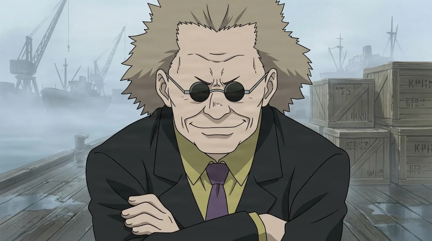 A wild-haired man in round black sunglasses and a dark suit stands with arms crossed and a smug grin on a foggy harbor dock lined with cranes and wooden crates.