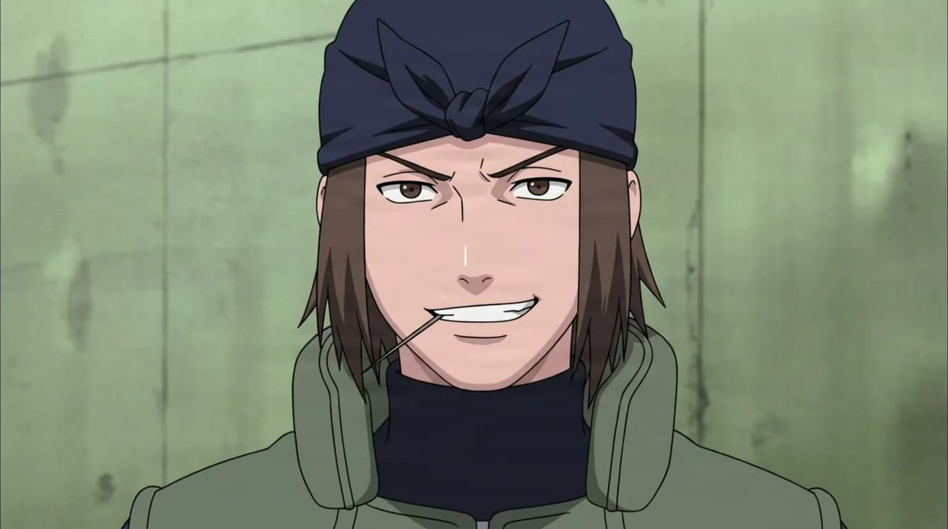 Genma Shiranui from Naruto in a close-framed cel-shaded anime scene with a detailed environment