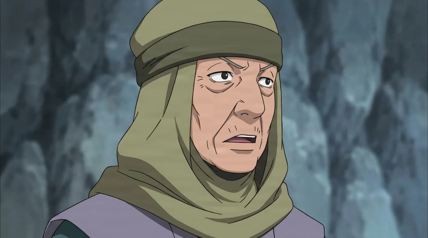『NARUTO』のキャラクター、ゲンノウ。細部まで描き込まれた背景を伴う、クローズアップのセル画調アニメシーンとして描かれている。