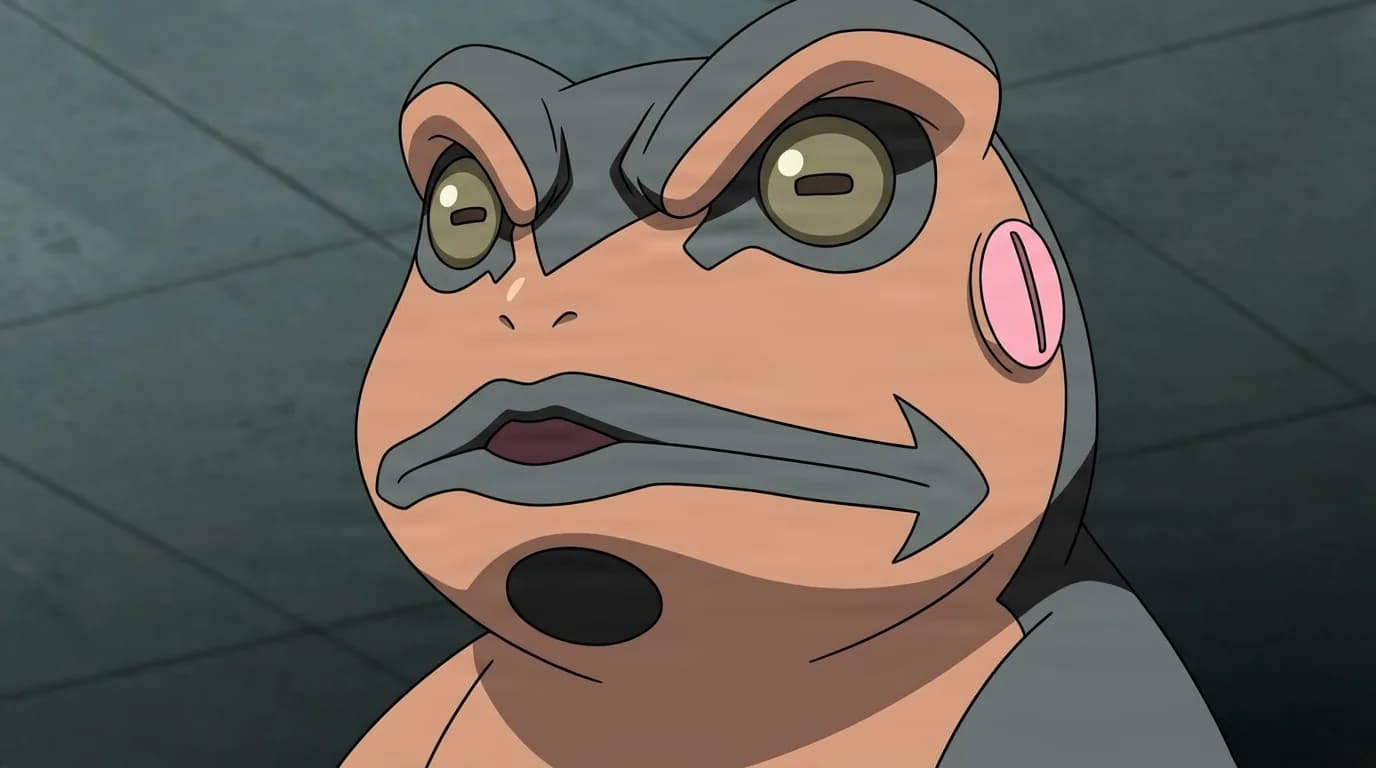 Gerotora from Naruto in a close-framed cel-shaded anime scene with a detailed environment