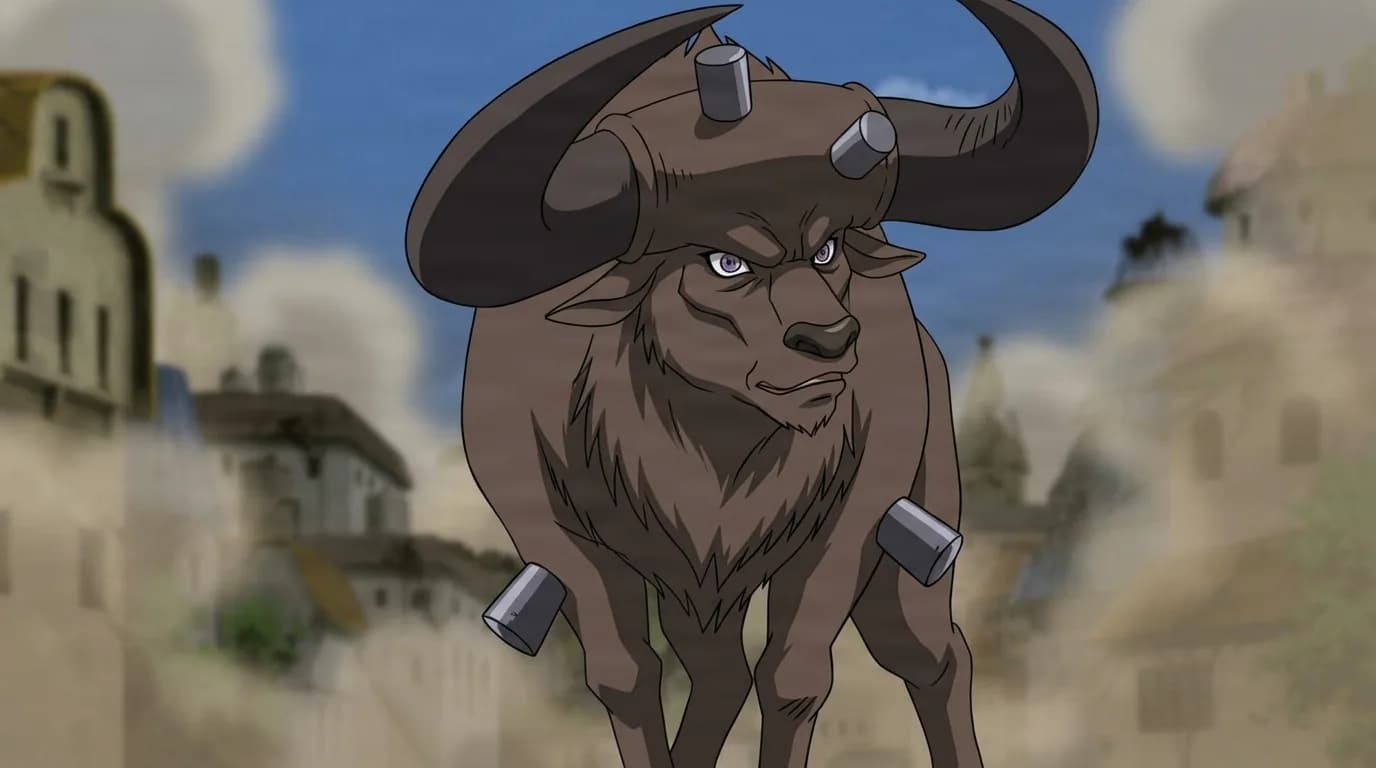 Giant Ox from Naruto in a close-framed cel-shaded anime scene with a detailed environment