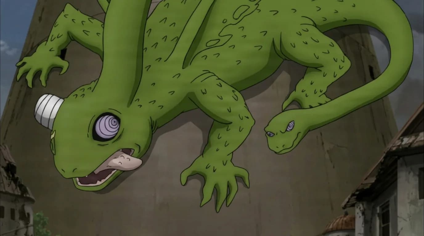 Giant Snake-Tailed Chameleon from Naruto in a close-framed cel-shaded anime scene with a detailed environment