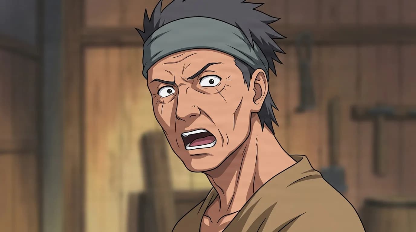 Giichi from Naruto in a close-framed cel-shaded anime scene with a detailed environment