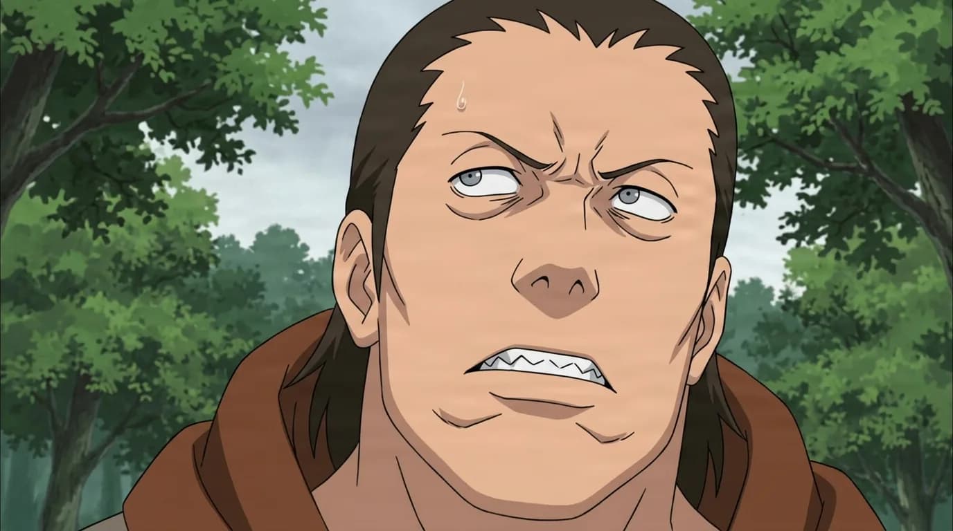 A large brown haired man with a tense scowl and a sweat drop on his brow glares upward, green forest foliage behind him.