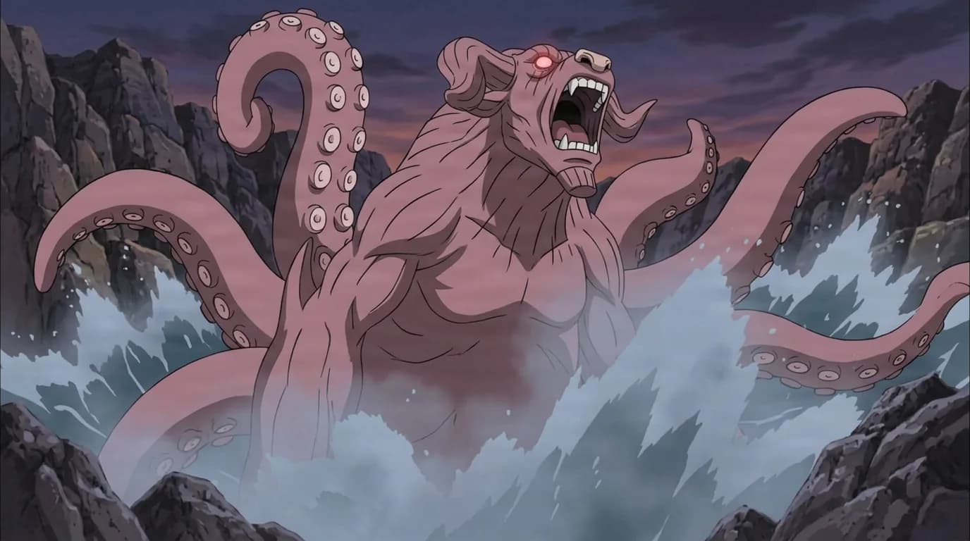 Massive ox headed octopus beast with horns and many thick tentacles roaring as it rears up from crashing ocean waves on a rocky coast at dusk