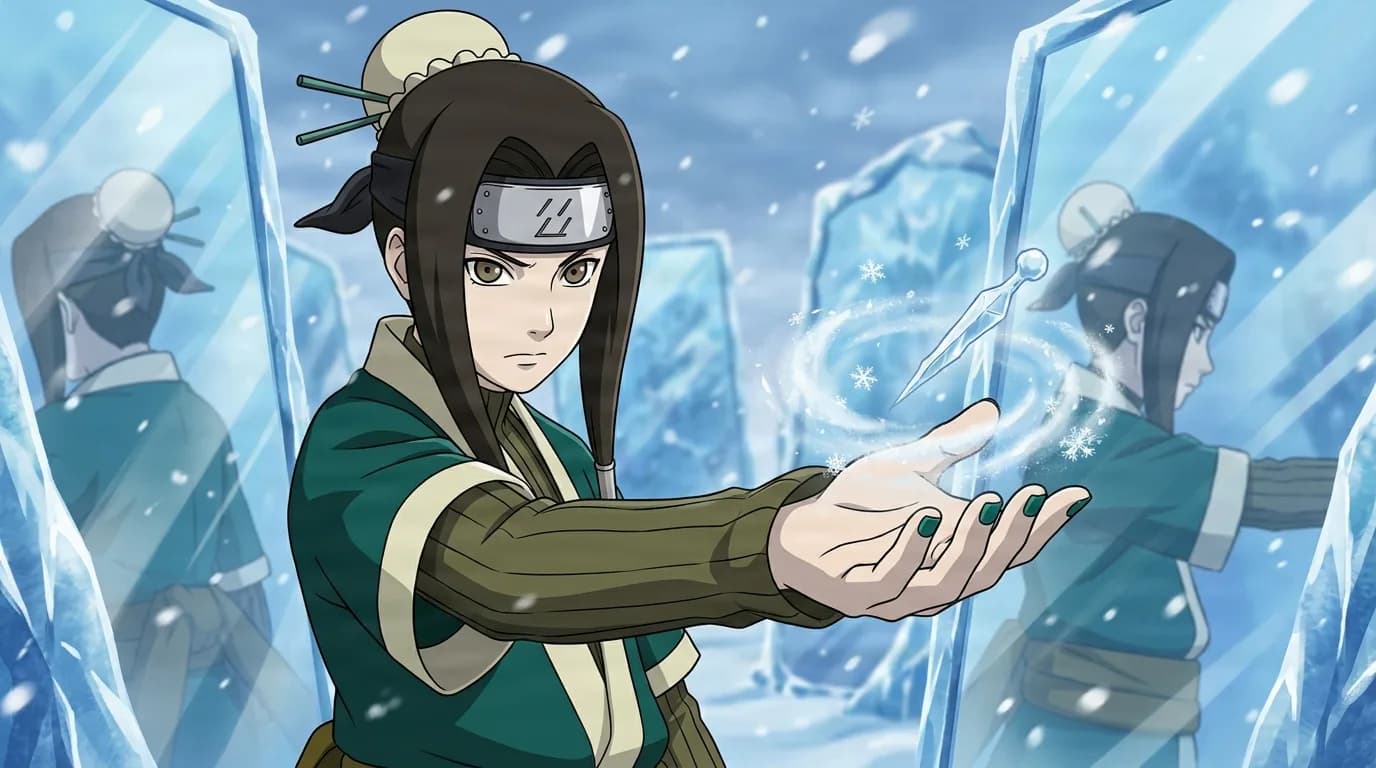 A dark haired ninja in a green kimono extends one open hand to form a swirling ice needle while surrounded by tall gleaming ice mirrors and falling snow.