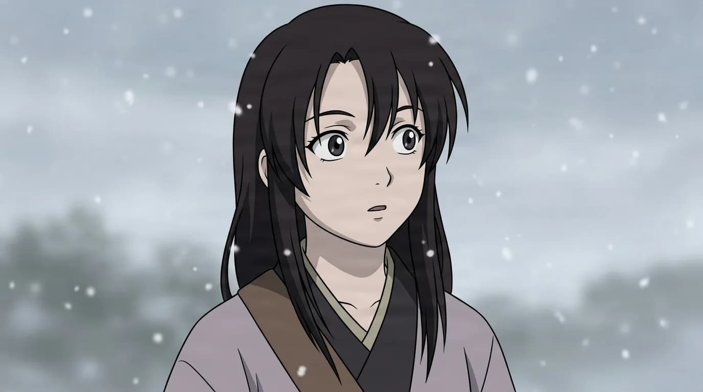 Haku's Mother from Naruto in a close-framed cel-shaded anime scene with a detailed environment