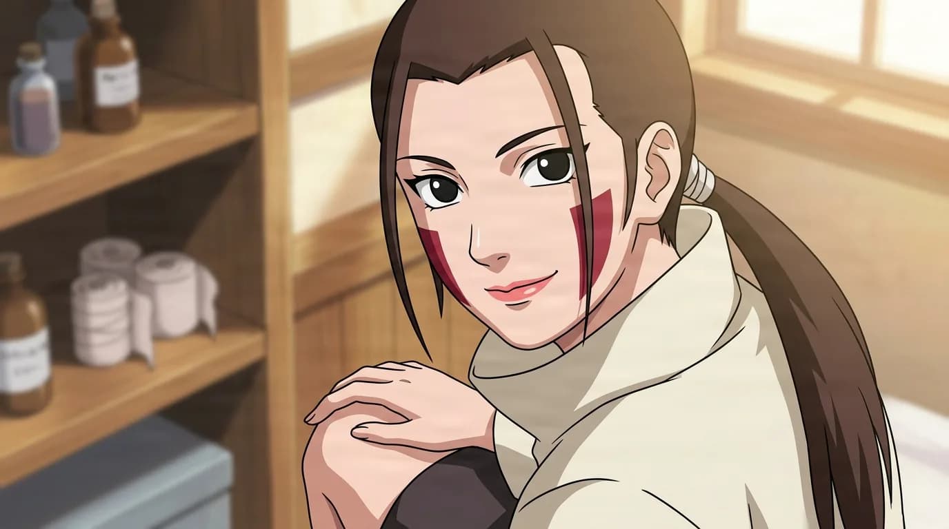 Brown haired woman with red fang clan marks in a cream coat glances over her shoulder in a supply filled clinic