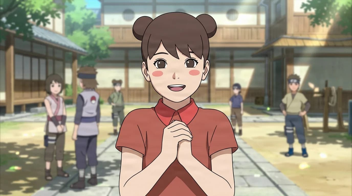 Young girl with brown hair in two buns wearing a red dress clasping her hands and smiling brightly in a sunny ninja academy courtyard with students behind