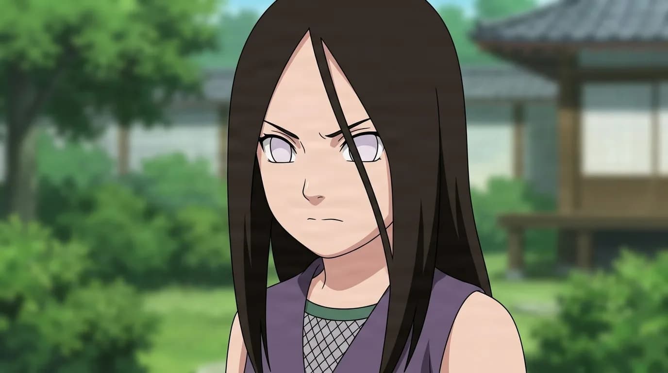 Hanabi Hyūga from Naruto in a close-framed cel-shaded anime scene with a detailed environment