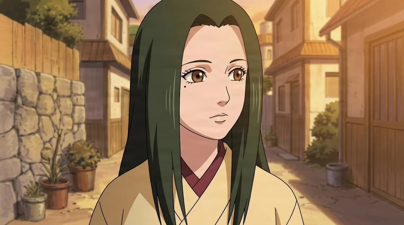 A woman with long dark green hair and brown eyes stands in a sunlit village alley lined with potted plants and wooden houses