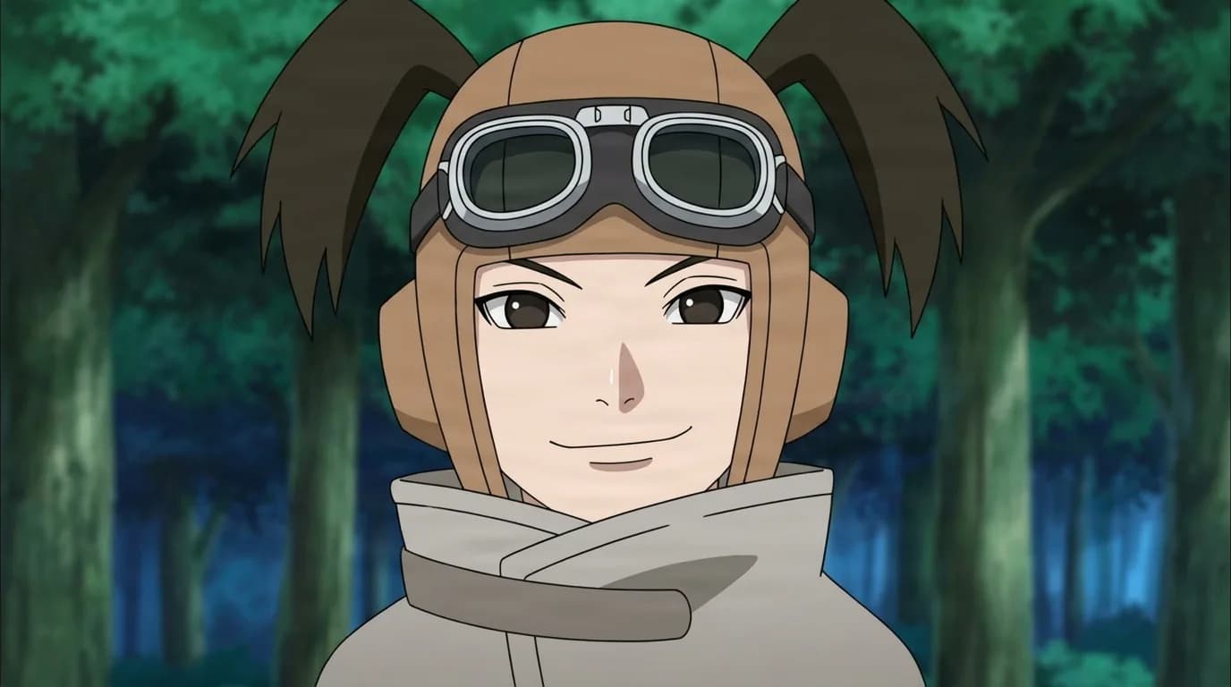 Harika Aburame from Naruto in a close-framed cel-shaded anime scene with a detailed environment