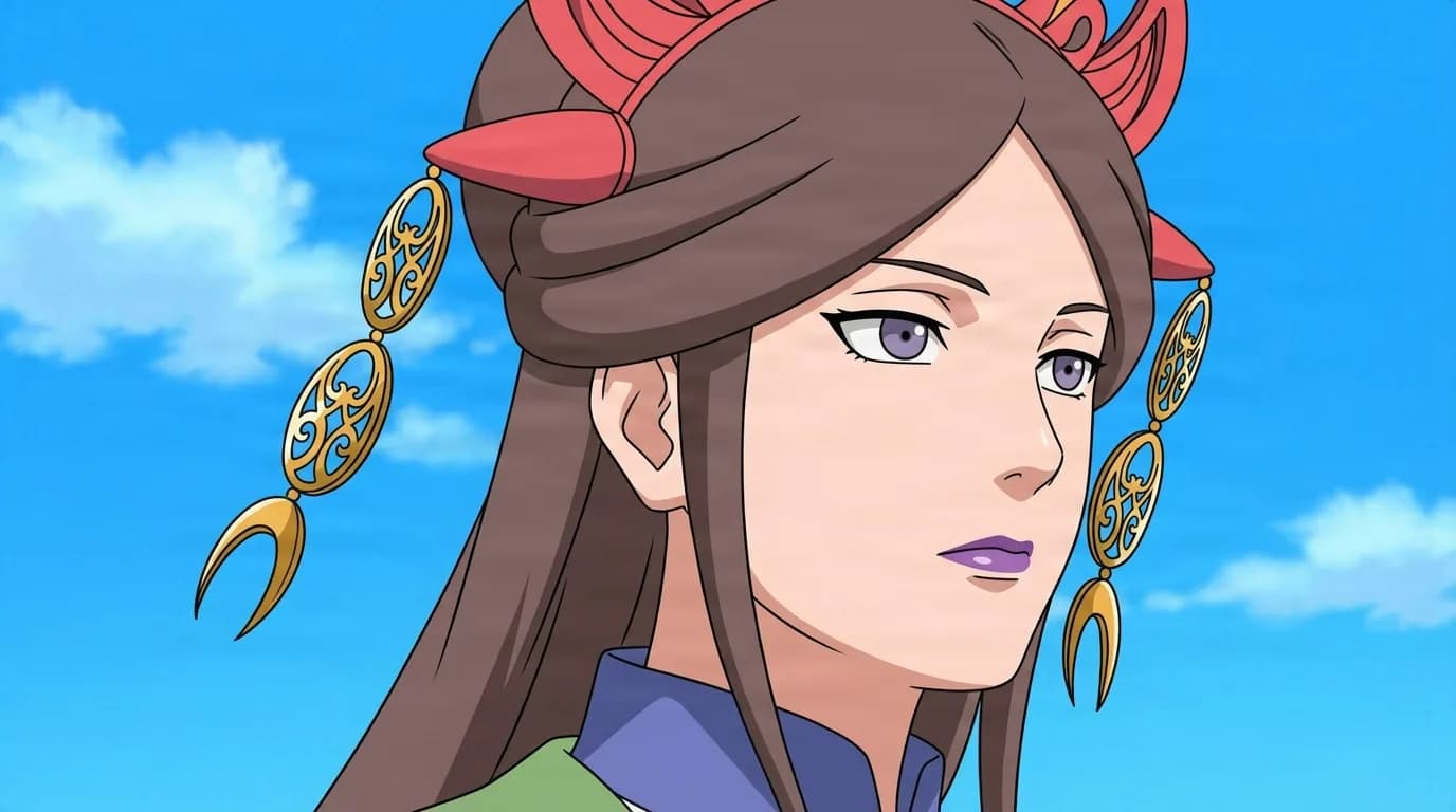 A long brown haired woman with red hair ornaments and dangling gold pendant earrings gazes to the side, a bright blue sky with clouds behind her.