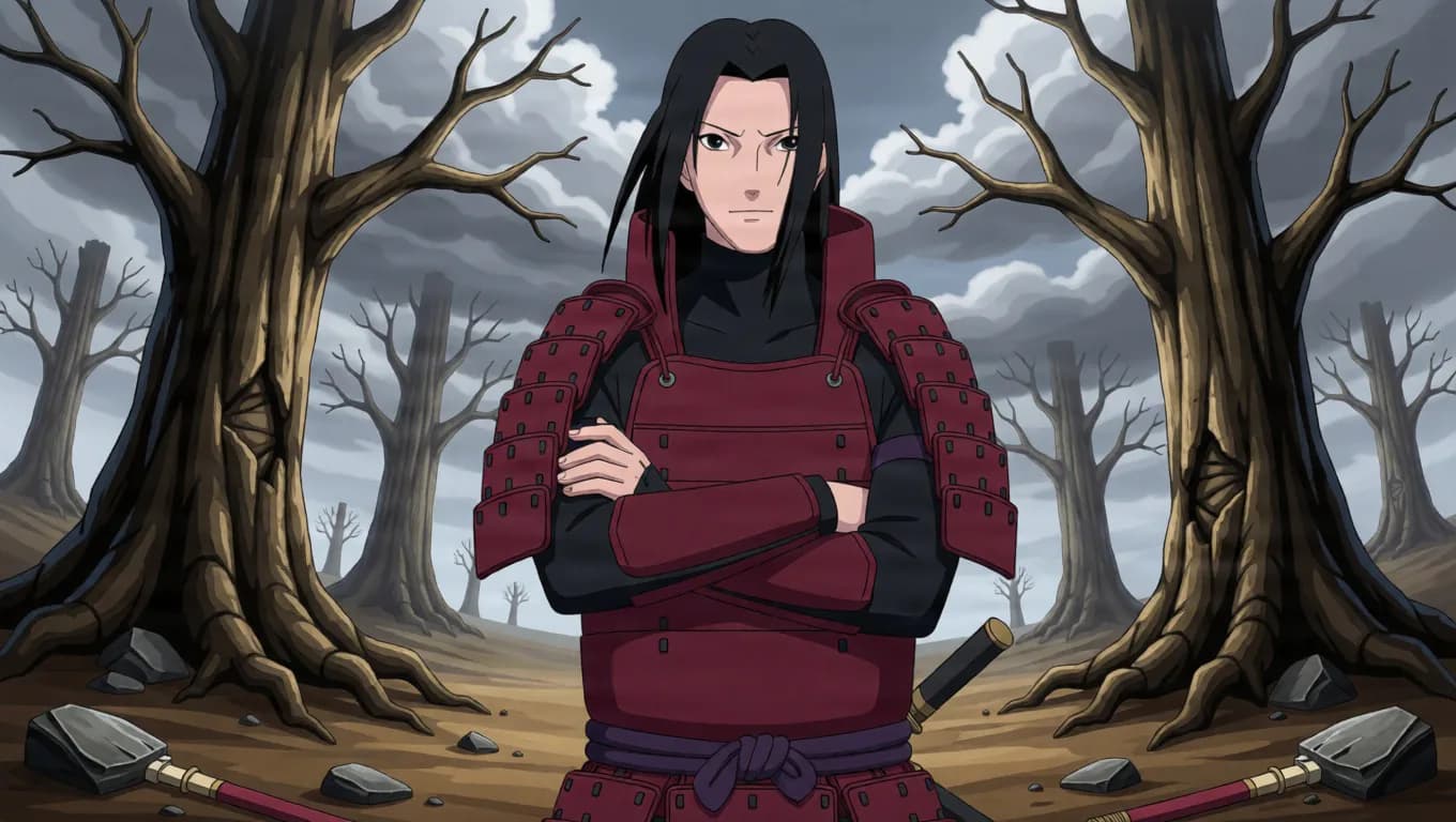 Long black haired warrior in dark red samurai armor over a black high collar bodysuit standing with arms crossed on a battlefield of dead trees under a stormy grey sky