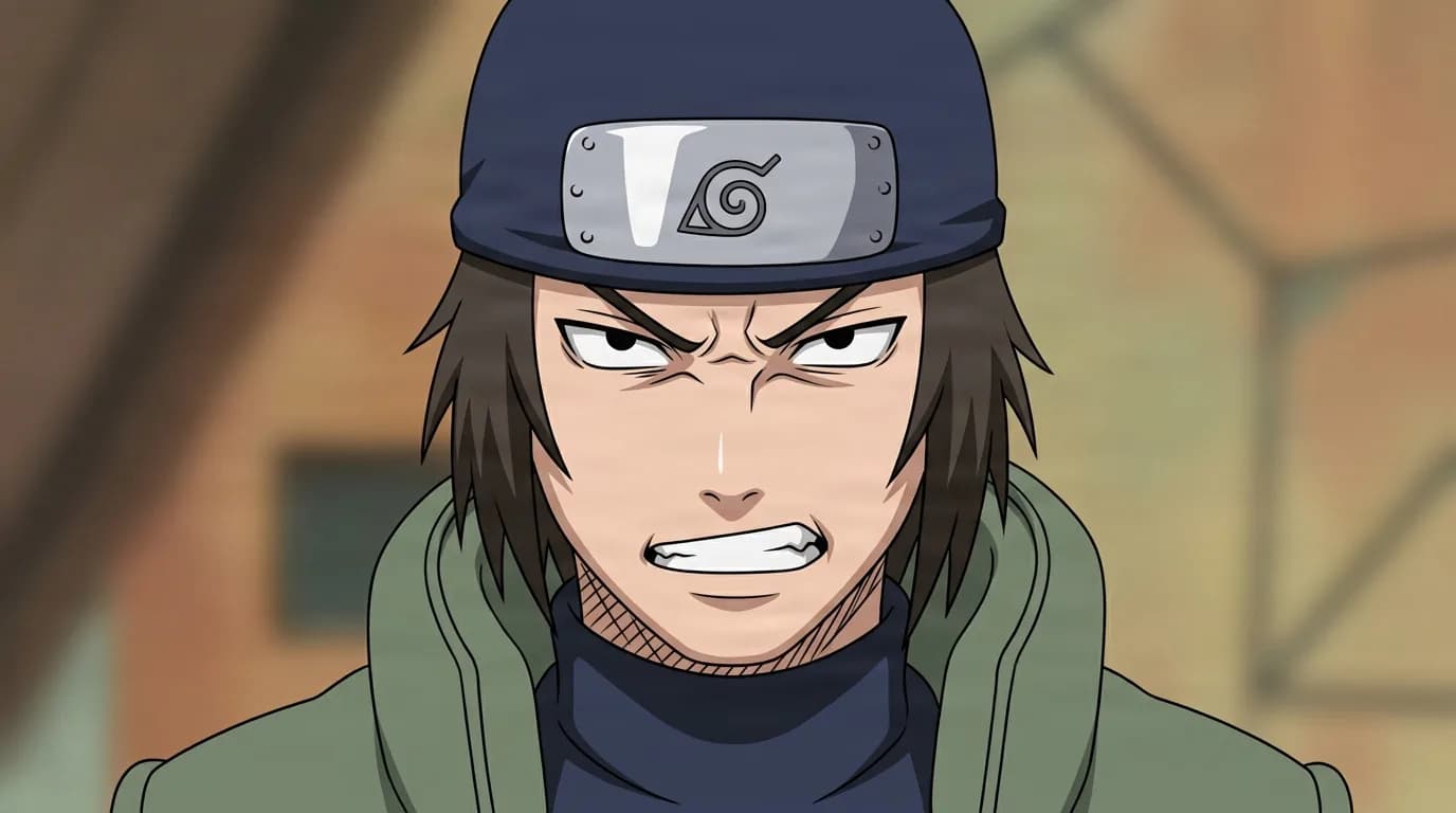 Hayate Gekkō from Naruto in a close-framed cel-shaded anime scene with a detailed environment