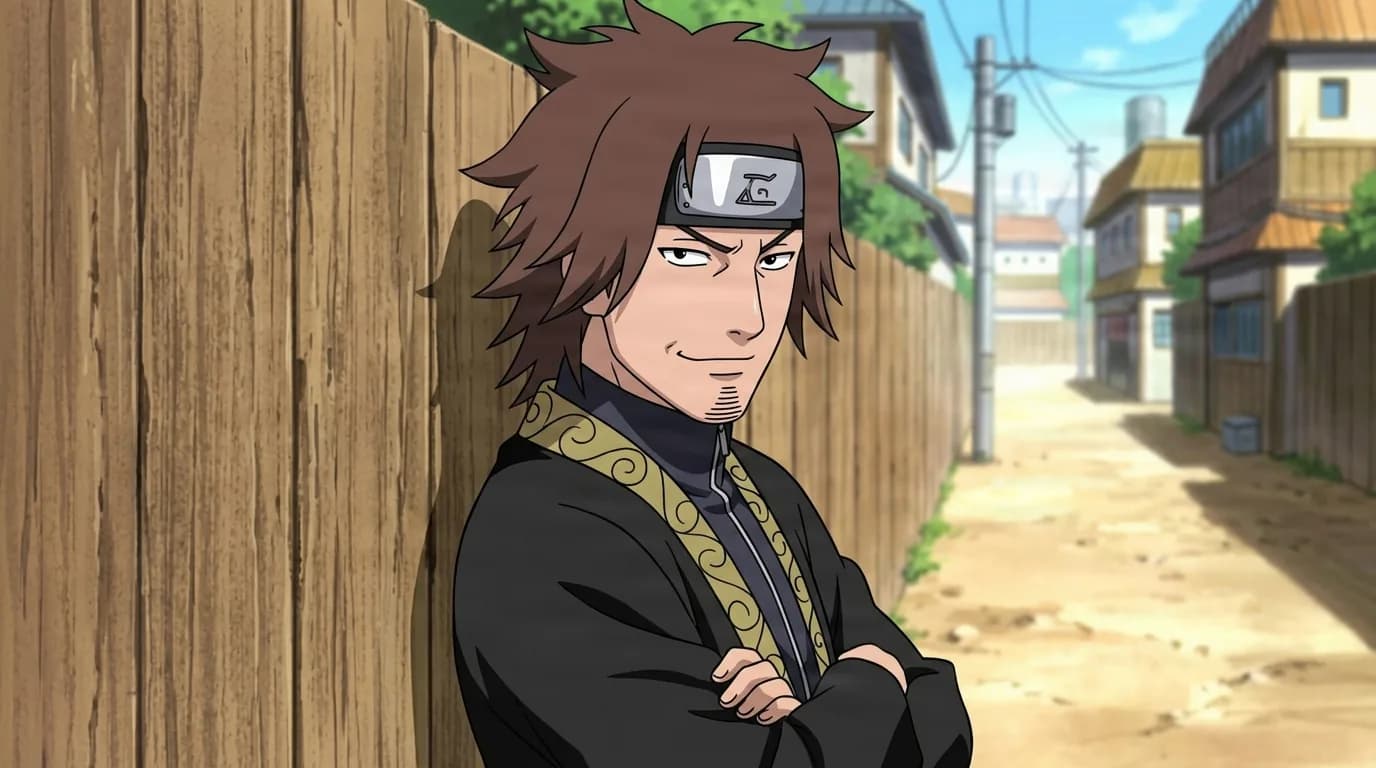 Brown-haired ninja in a black gold-trimmed robe leans against a wooden fence in a village street, arms crossed with a sly smile.