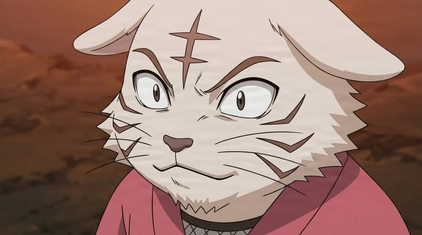 『ナルト』のヒナ、細部まで描き込まれた背景の中でクローズアップに捉えたセル画調のアニメシーン