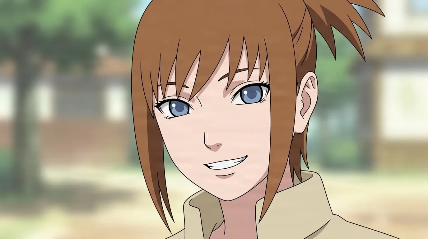 Hinoko from Naruto in a close-framed cel-shaded anime scene with a detailed environment