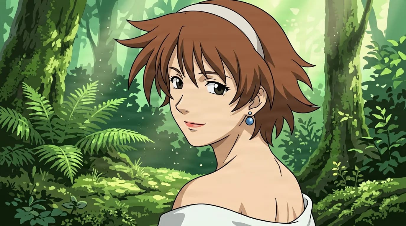 Woman with short brown hair, a white headband and a blue earring glances back over her shoulder with a soft smile in a lush green forest.