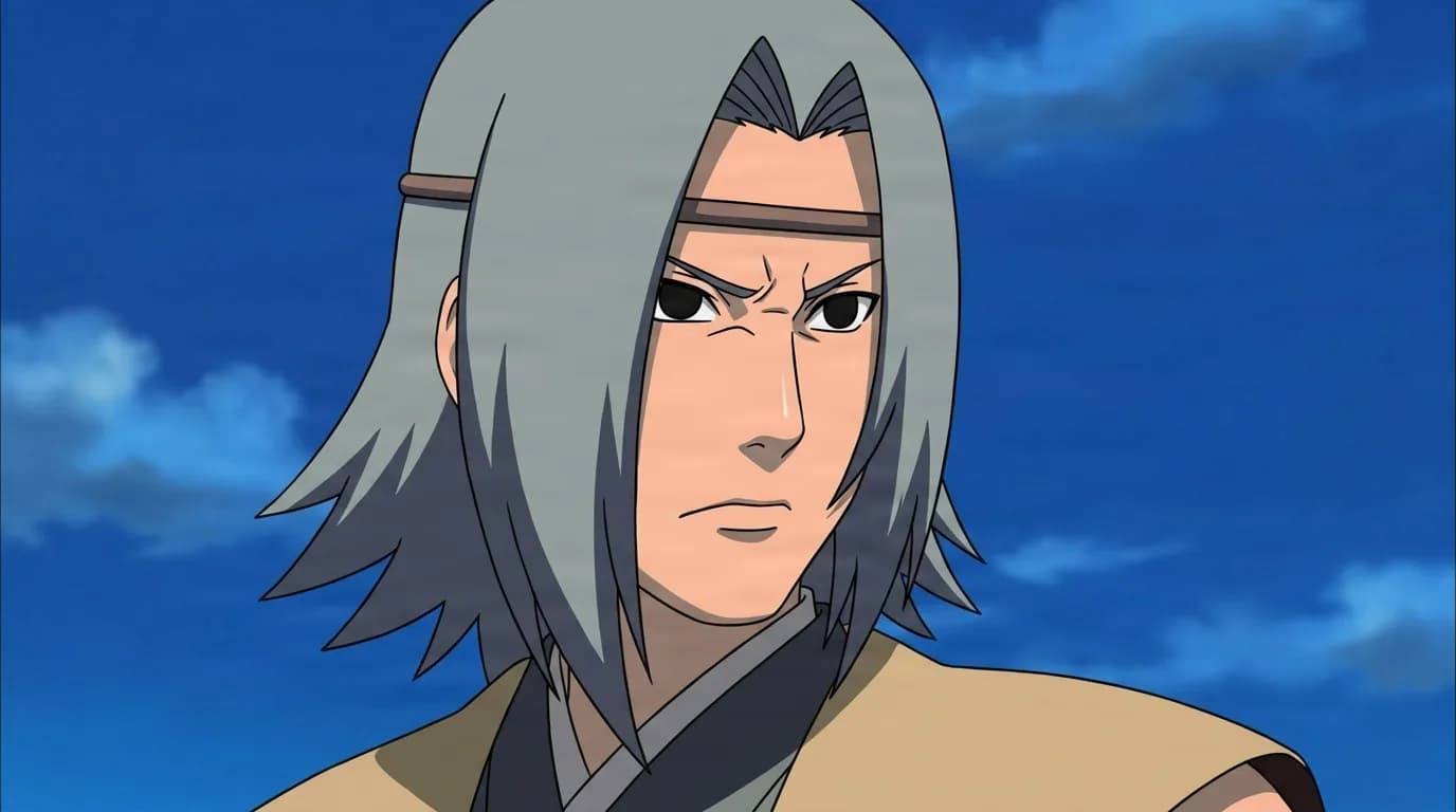 『NARUTO』のキャラクター、ホクシン。細部まで描き込まれた背景を伴う、クローズアップのセル画調アニメシーンとして描かれている。