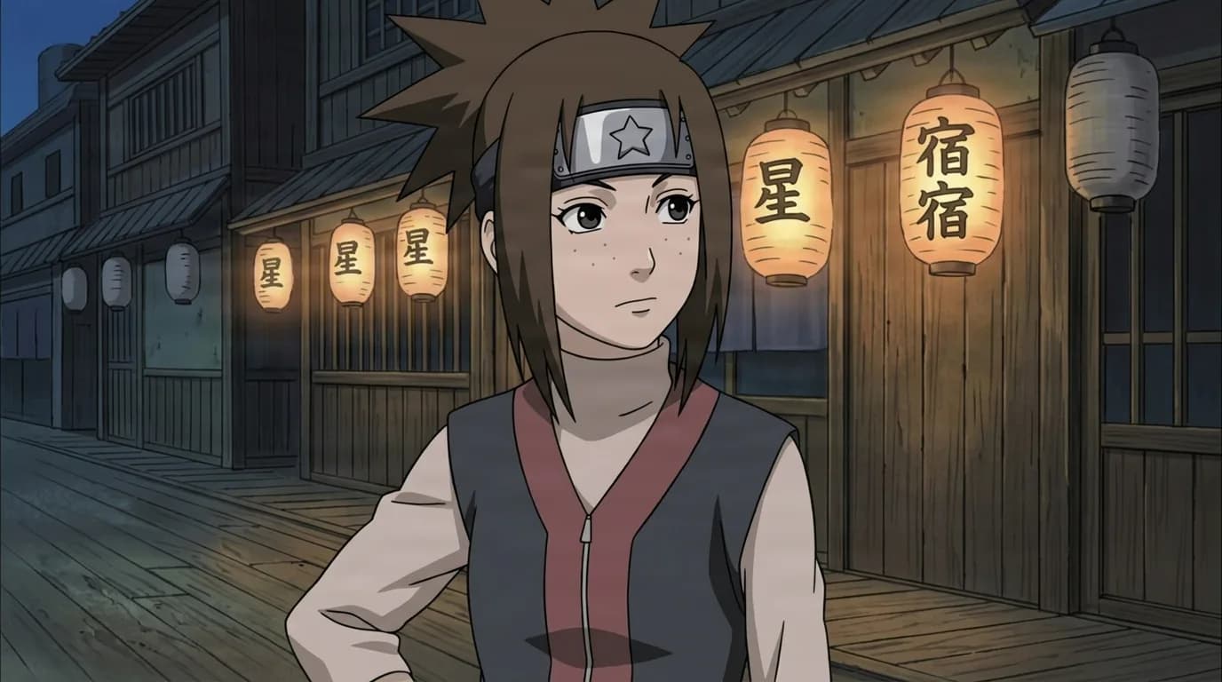 Kunoichi with brown hair and a star-marked headband rests one hand on her hip on a wooden village street lit by glowing paper lanterns at dusk.