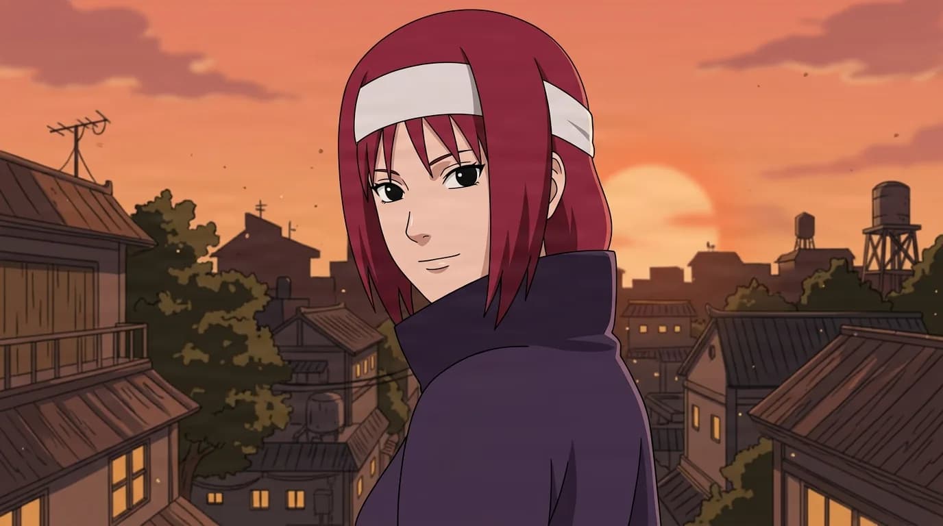 Red-haired kunoichi in a white headband and purple collar glances back over her shoulder above village rooftops at sunset