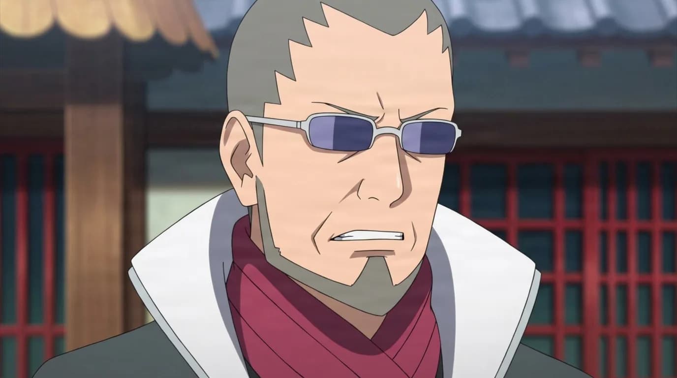 『NARUTO』のキャラクター、ヒョウゴ。細部まで描き込まれた背景を伴う、クローズアップのセル画調アニメシーンとして描かれている。