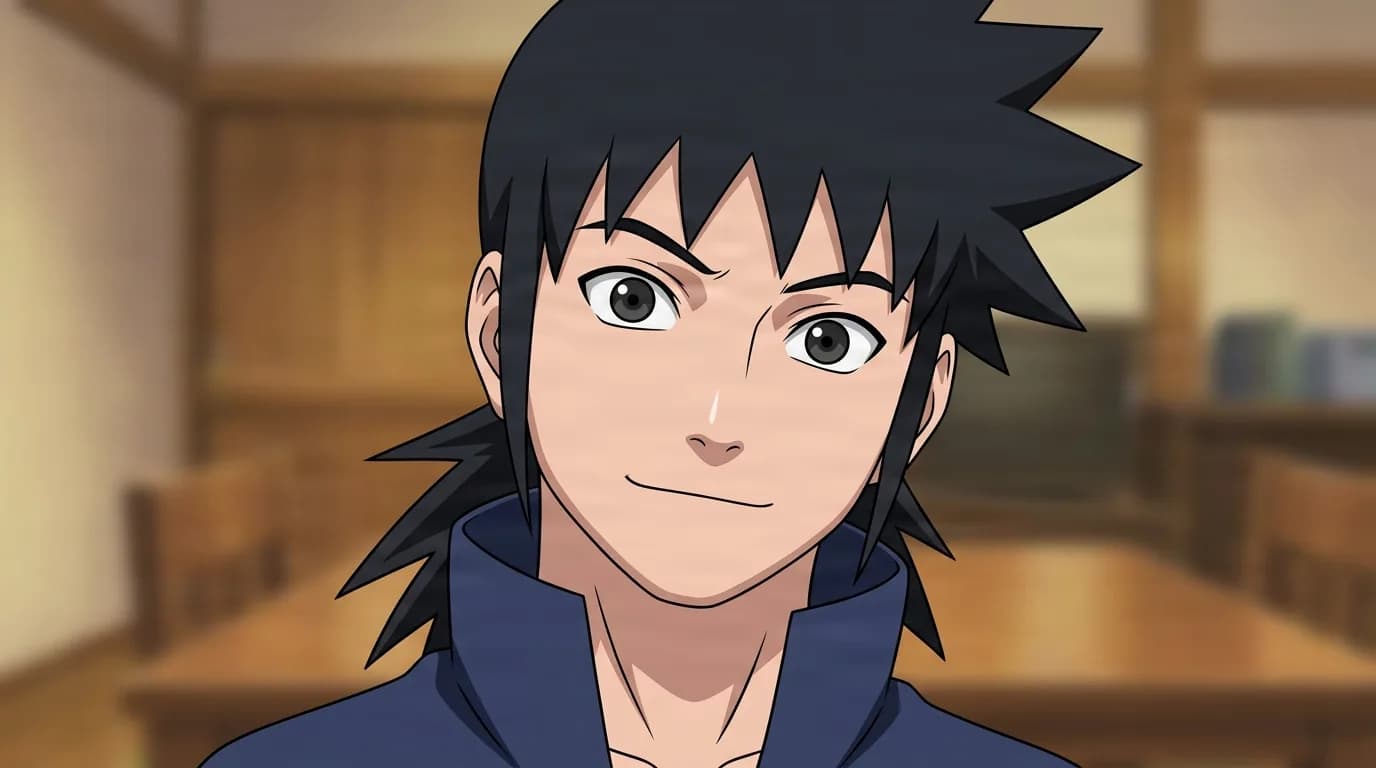 Idate Morino from Naruto in a close-framed cel-shaded anime scene with a detailed environment