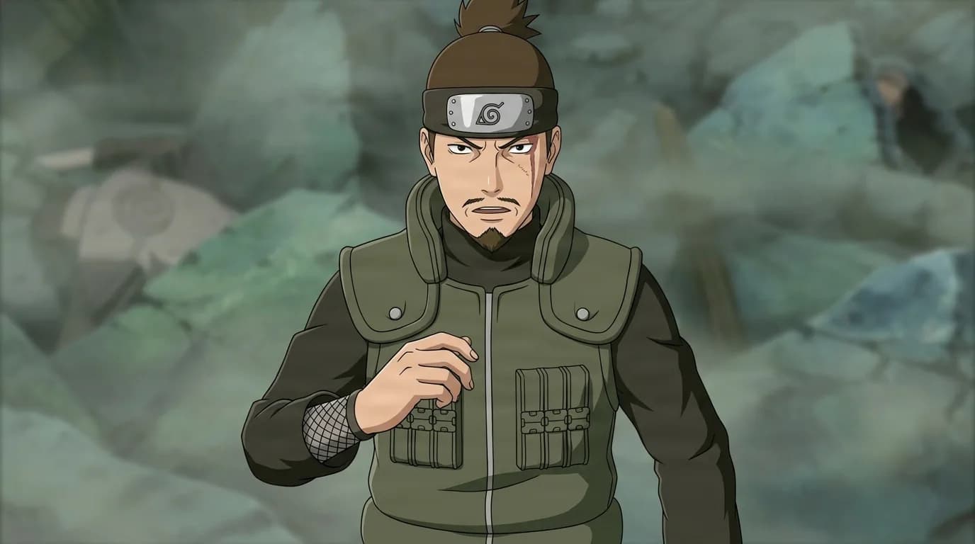 Ikkaku Umino from Naruto in a close-framed cel-shaded anime scene with a detailed environment