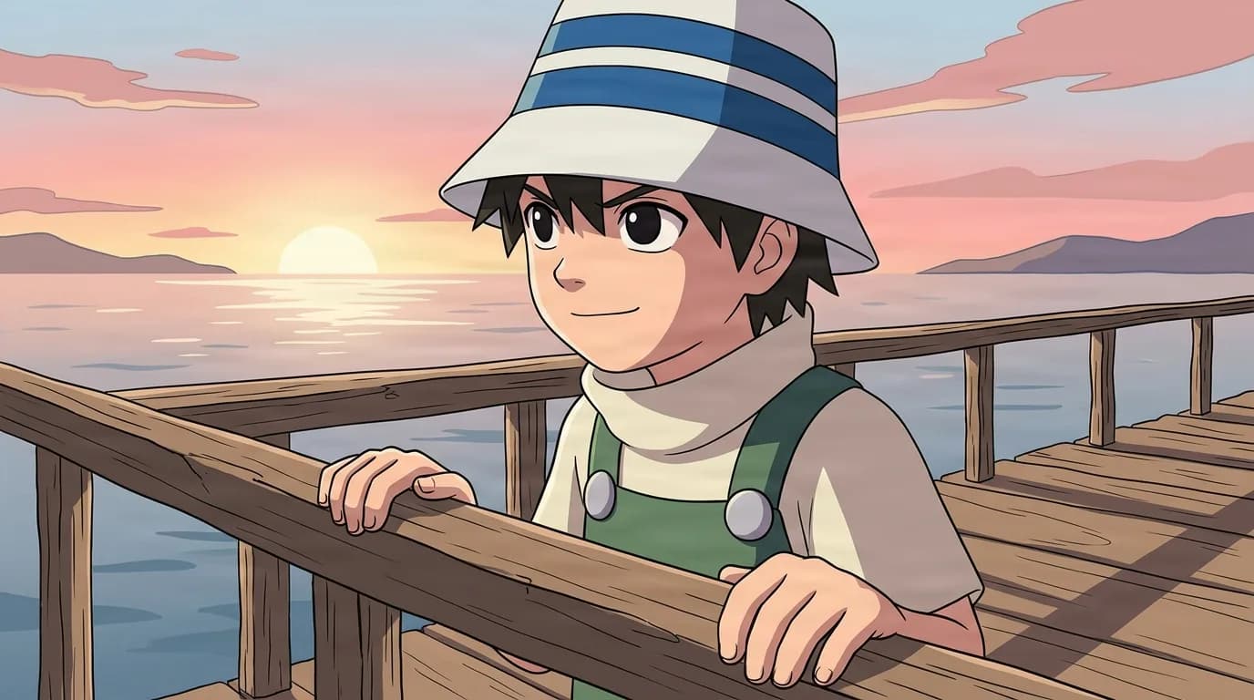 Young boy in a white and blue striped bucket hat and green overalls grips a wooden bridge railing over the sea, smiling with determination at the sunrise