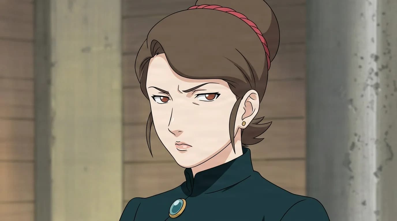 Ino's Mother from Naruto in a close-framed cel-shaded anime scene with a detailed environment