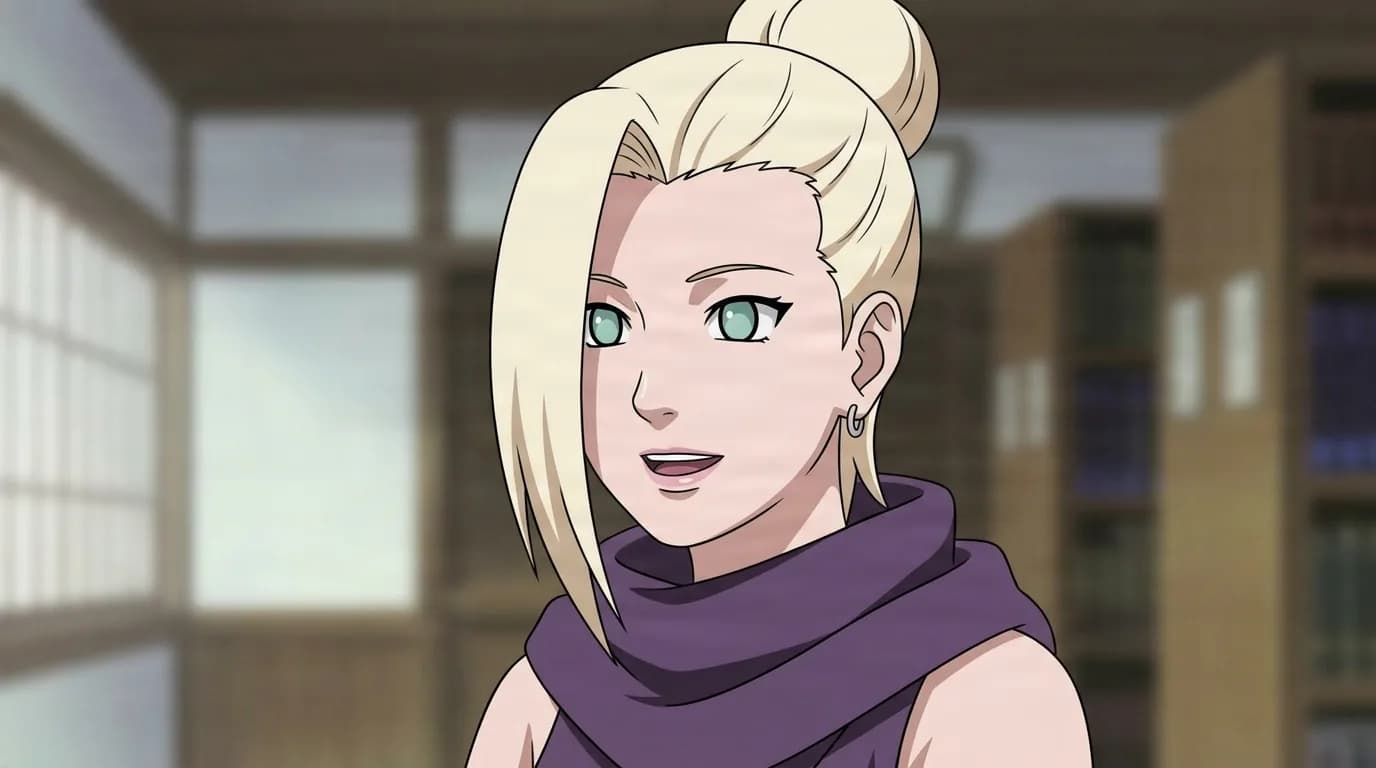 Ino Yamanaka from Naruto in a close-framed cel-shaded anime scene with a detailed environment
