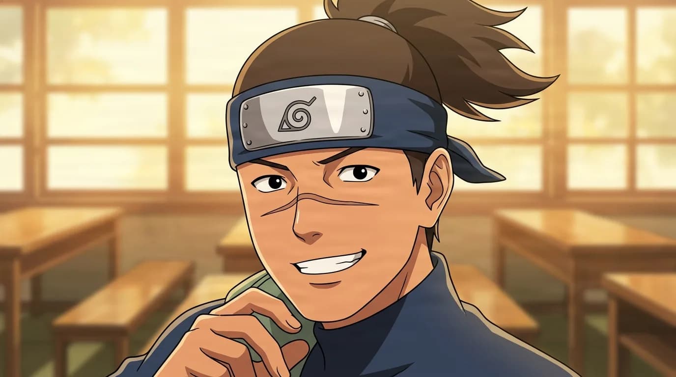 A close-up of a smiling ninja with a brown ponytail, a scar across his nose, and a metal forehead protector, resting a hand near his chin inside a sunlit classroom full of wooden desks.